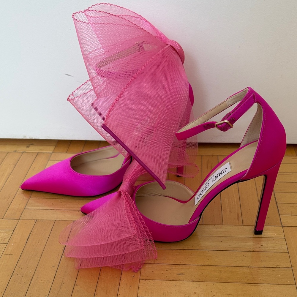 Jimmy Choo Fuchsia Silk Pumps with Tulle Bows - Picture 2 of 4